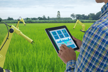 smart industry robot 4.0 agriculture concept,industrial agronomist,farmer using Artificial...