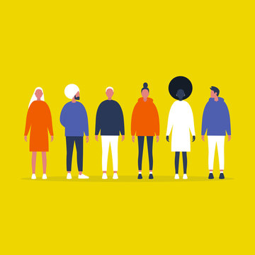 A group of millennials. People standing on line. Full length front view. Community. Friends. Team. Collection. Flat editable vector illustration, clip art