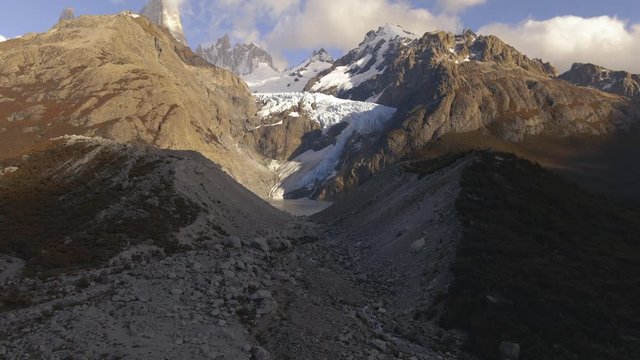 Aerial panoramic drone footage of Mount Fitz Roy, showcasing the beautiful Patagonia mountain landscape