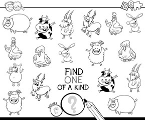 one of a kind game with farm animals color book