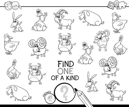 one of a kind game with farm animals coloring book