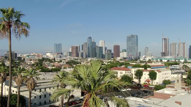 Los Angeles Downtown Aerial Establish Shot Pico Union Palm Trees Forward