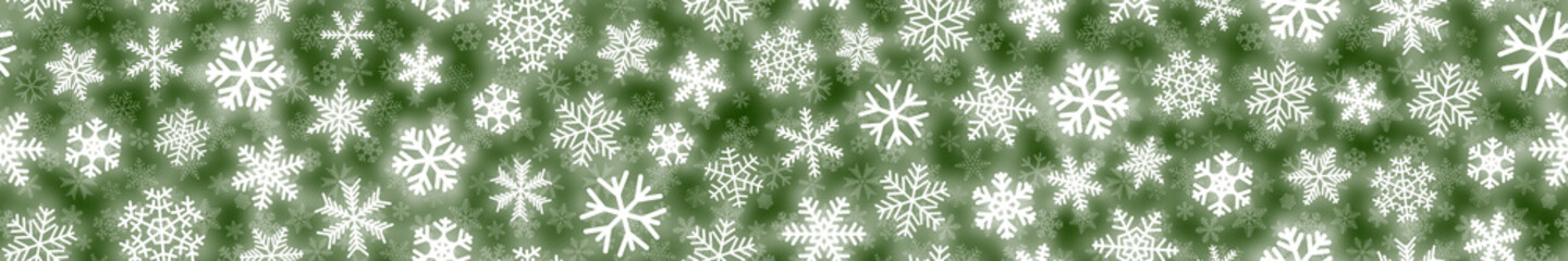 Naklejka na ściany i meble Christmas horizontal seamless banner of white snowflakes on green background