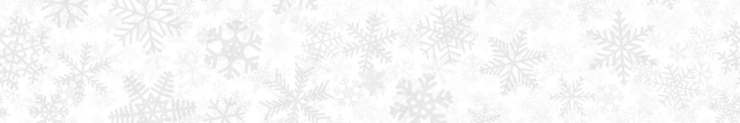 Materiał do szycia Christmas horizontal seamless banner of many layers of snowflakes of different shapes, sizes and transparency. Light gray on white