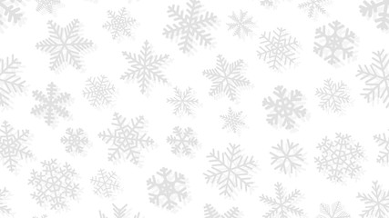 Christmas background of snowflakes of different shapes and sizes with shadows. Gray on white