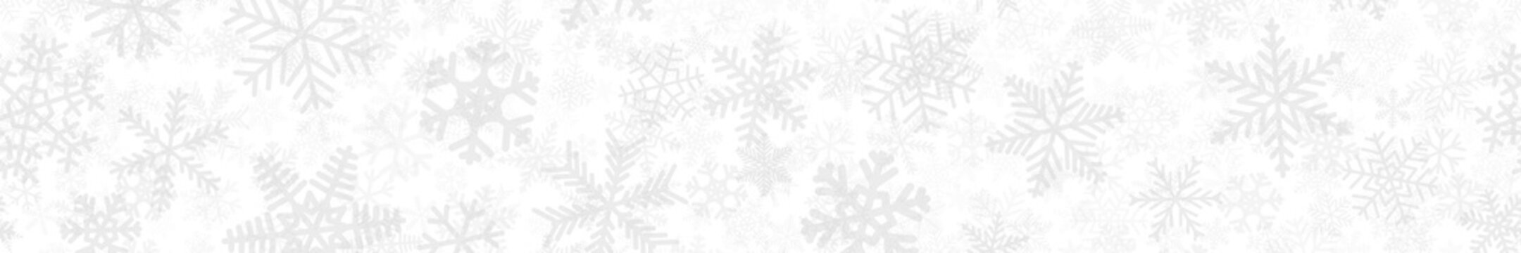 Christmas horizontal seamless banner of many layers of snowflakes of different shapes, sizes and transparency. Light gray on white © Aleksei Solovev