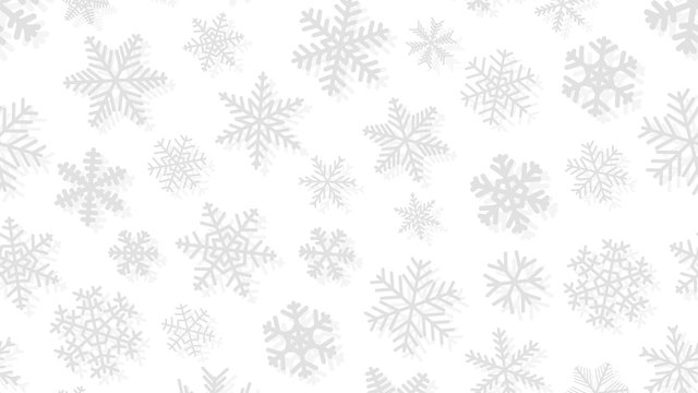 Christmas background of snowflakes of different shapes and sizes with shadows. Gray on white