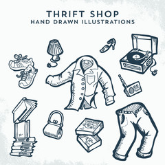Thrift Shop Hand Drawn Illustrations. Flea market, Garage Sale and Second Hand Items. - Vector