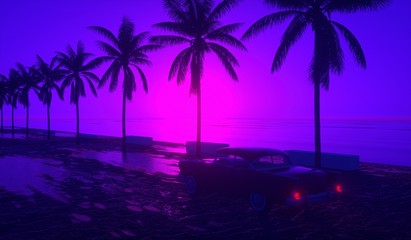 80's retro style background with tropical coconut trees, sunset and old us car - Illustration 3d