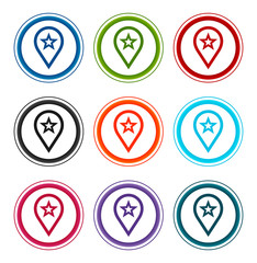 Map pointer star icon flat round buttons set illustration design