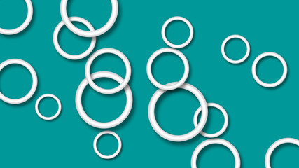 Abstract illustration of randomly arranged white rings with soft shadows on light blue background