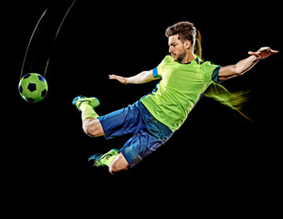 one caucasian soccer player man isolated on black background with light painting speed effect