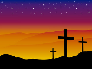 Easter morning, Calvary hill with silhouettes of the cross, Resurrection background with sun rays