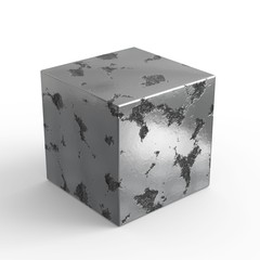 Damaged metal cube. Steel block