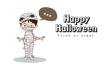 Happy Halloween greeting card. Trick ot treat.Little cute boy in Mummy costume.