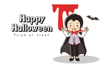 Happy Halloween greeting card. Trick ot treat.Little boy in Vampire lord costume and sacy blood.