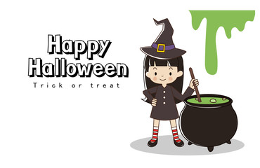 Happy Halloween greeting card. Trick ot treat. Little girl in witch costume with witch pot.