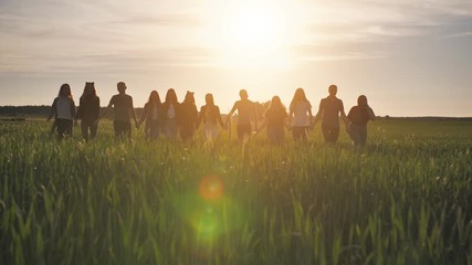 Silhouettes of a group of friends walking across a field in the sunset holding hands. - Powered by Adobe