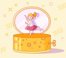 Music box. ballerina, small Baby girl Vector. Cartoon. Isolated art on white background. Flat