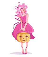 Trick or treat Candy bucket Beautiful woman Vector. Cartoon. Isolated art