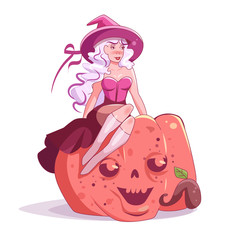 Witch sitting on a pumpkin Vector. Cartoon. Isolated art