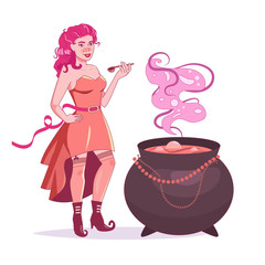 Witch brews a potion. Pin up style. Boots with curved noses Vector. Cartoon. Isolated art on white background