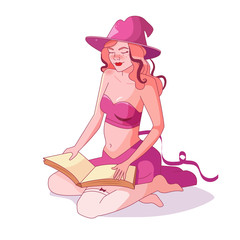 Pin-up witch. A woman holds a book in her hands. Reads Vector. Cartoon. Isolated art on white background