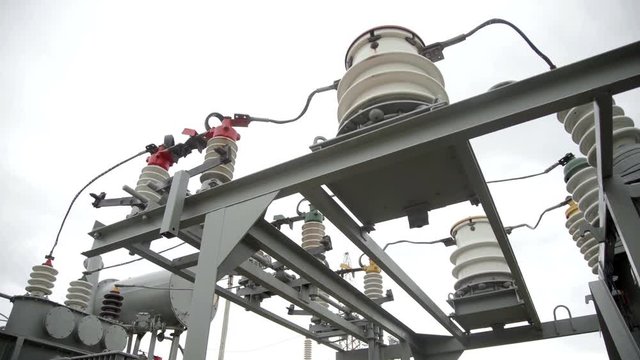 Transformer substation. High-voltage SF6 circuit breaker. Circuit breaker high voltage. Part of high-voltage substation with switches and disconnectors. Electrical Transformer