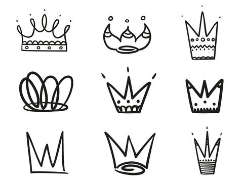 Monochrome crowns on white. Hand drawn simple objects. Line art. Black and white illustration. Sketchy elements for design