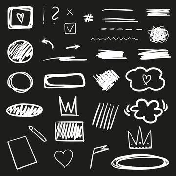 Hand drawn outline infographic elements on black. Abstract geometric signs and shapes. Black and white illustration