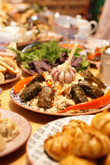 Table served with Uzbek traditional dishes
