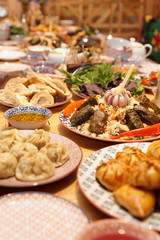 Table served with Uzbek traditional dishes