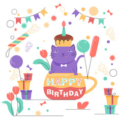 Happy Birthday card. Cute cat with flowers sitting in a mug. Cupcake and candy