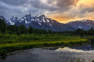 Fototapeta premium Sunset Reflections on the Grand Teton Range from Schwabacher Landing