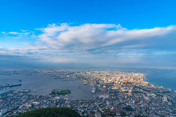 View from Mt. Hakodate observation deck in sunny day, the expansive vista during daytime is spectacular. A famous three star rating sightseeing spot in Hakodate City, Hokkaido, Japan