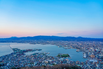 Night view from Mt. Hakodate observation deck, the expansive vista light up in evening is spectacular. A famous three star rating sightseeing spot in Hakodate City, Hokkaido, Japan