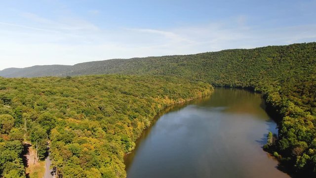 Aerial view of the Raystown lake and the forest around in Pennsylvania.
