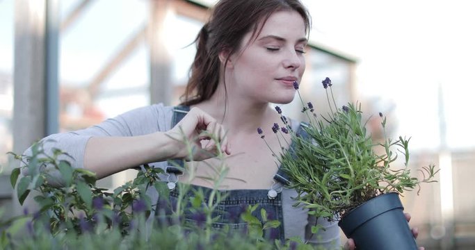 Young adult female smelling lavender