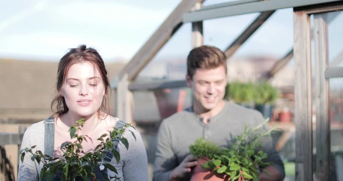 Young adult couple gardening together