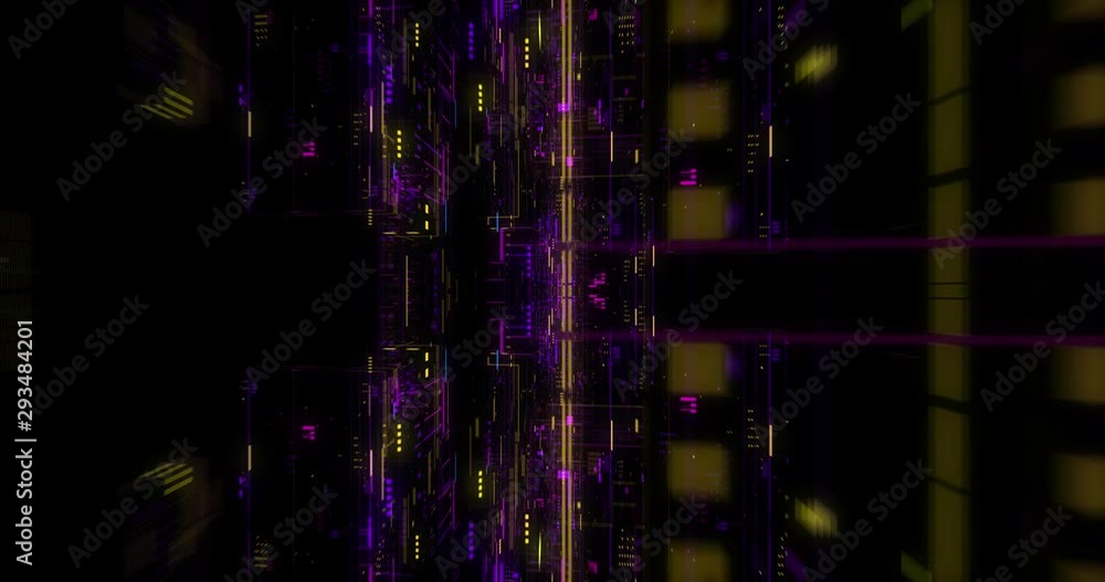Poster seamless loop of abstract futuristic technological background, floating circuits, charts, digits ele