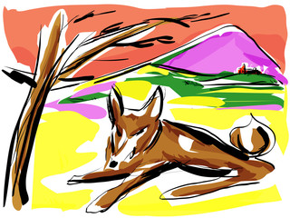croquis couleur, loup allongé près d'un arbre et paysage montagne, dessin vectoriel - 293486264