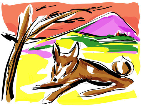 croquis couleur, loup allong&eacute; pr&egrave;s d'un arbre et paysage montagne, dessin vectoriel