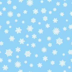 Beautiful snowflakes seamless pattern. Thin line white snowflakes on light blue background. Template for Happy New Year and Merry Xmas gifts wrapping. Simple winter season ornament vector illustration