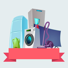 Household appliances on sale. Consumer electronics vector illustration