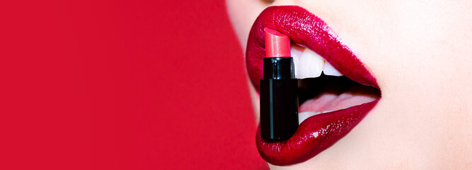 Sensual lips - on red isolated. Beauty trends. Beauty sensual lips. Perfect red lips makeup....