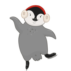 Penguin ice skating in headphones isolated on white background