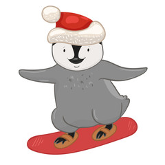 Penguin on a snowboard isolated on a white background.