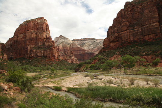 Angels Landing (5,790 Ft.) Viewed From West Rim Trail Along North Fork Virgin River In Zion National Park, Utah