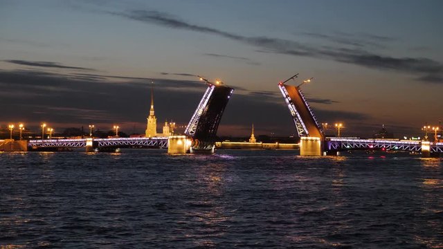 Amazing view of divorce Palace Bridge (Dvortsovy) over Neva River at Saint Petersburg, Russia. White nights in St. Petersburg.