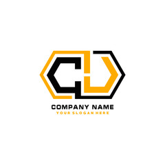 CJ initial letters looping linked hexagon elegant logo color blue, black, yellow